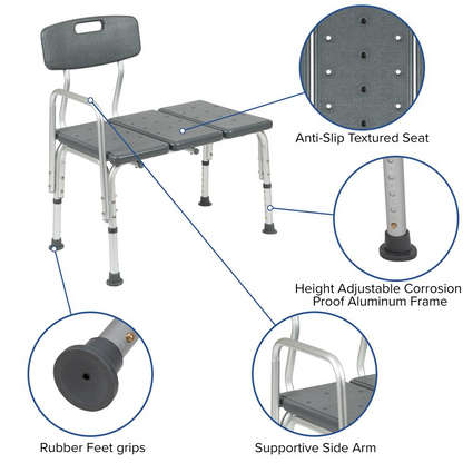 HERCULES Series 300 Lb. Capacity Adjustable Gray Bath & Shower Transfer Bench with Back and Side Arm