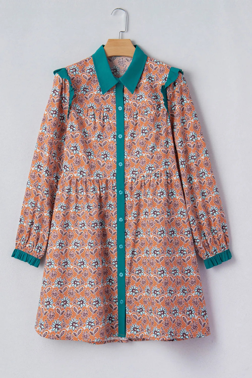 Floral Boho Contrast Collar Shirt Mini Dress