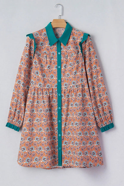 Floral Boho Contrast Collar Shirt Mini Dress