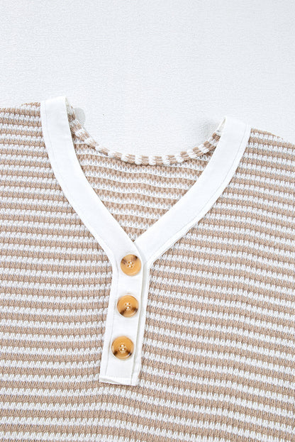 Stripe Button Front V-Neck Knitted T-Shirt
