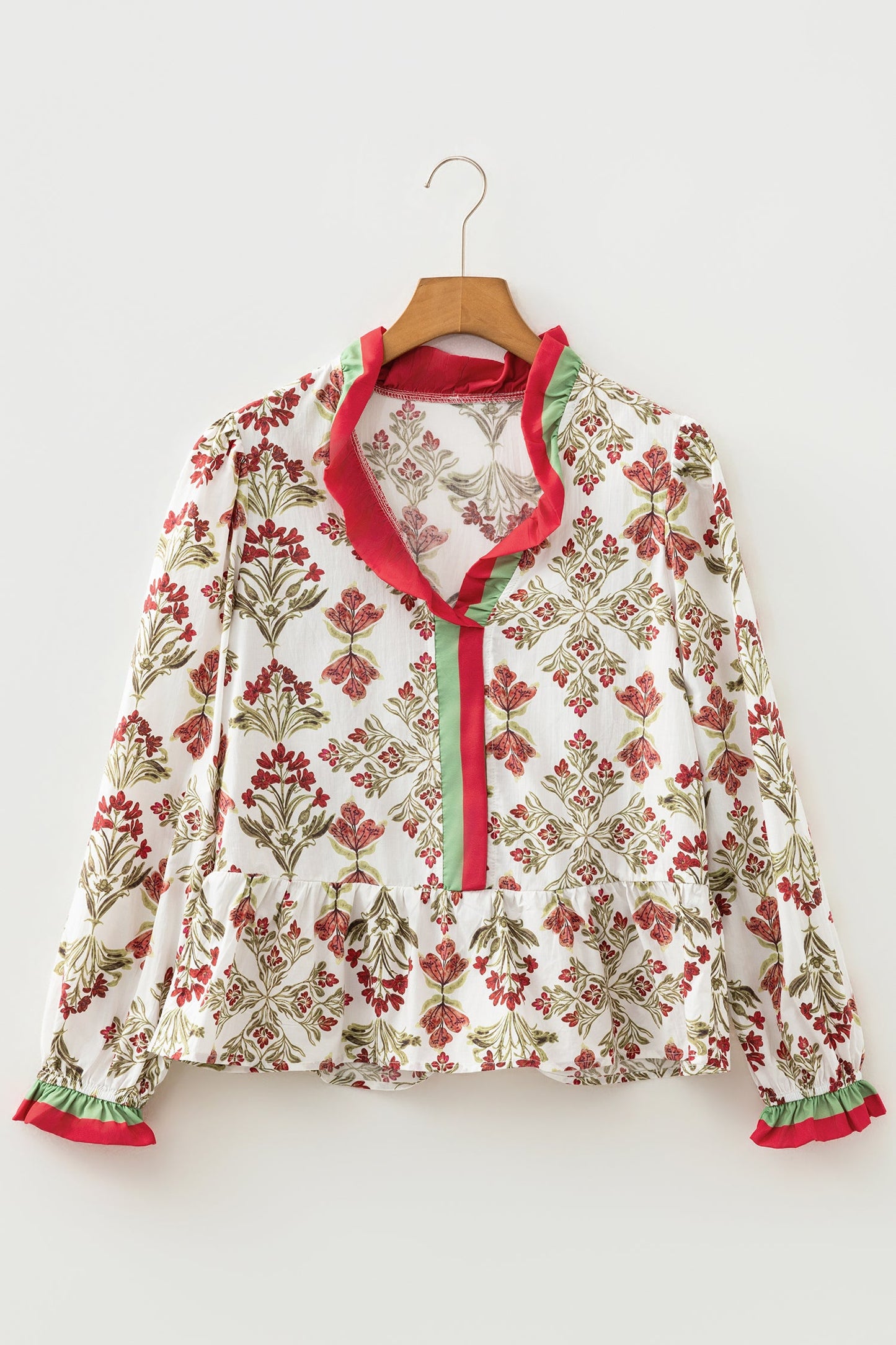 Floral Frill Colorblock V-Neck Peplum Top