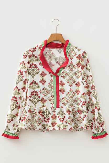 Floral Frill Colorblock V-Neck Peplum Top