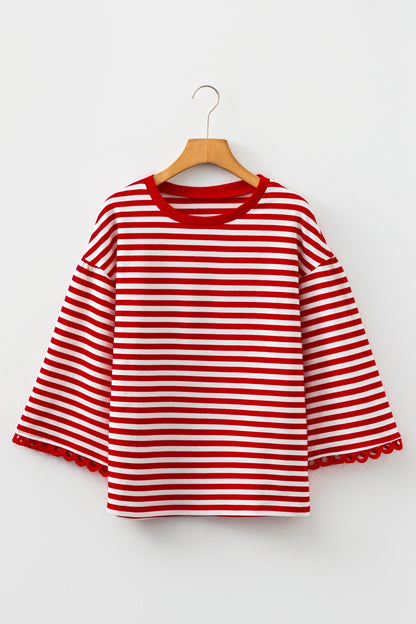 Stripe Lace Trim 3/4 Sleeve Top