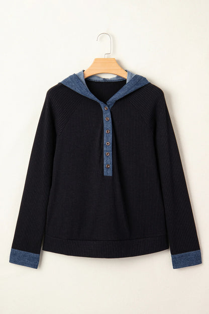 Ribbed Knit Contrast Denim Patchwork Hooded Top