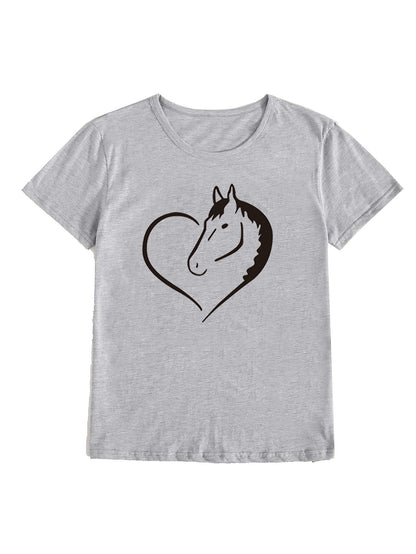 Heart Horse Pattern Printed Shoulder Short Sleeve