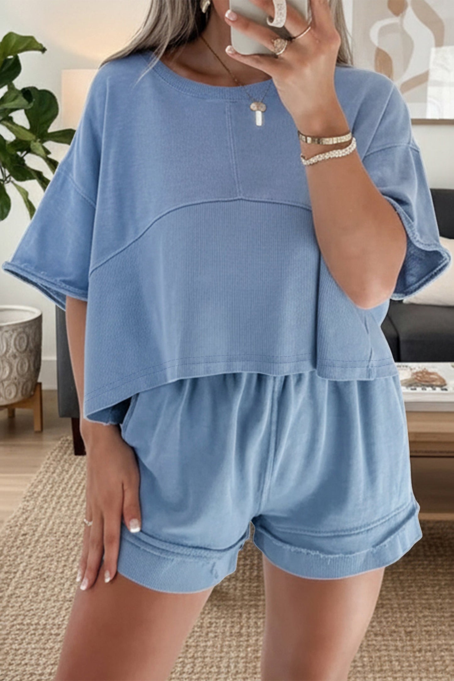 Solid Contrast Textured Patchwork top & Short Set