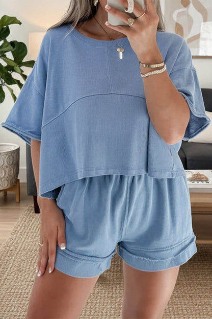 Solid Contrast Textured Patchwork top & Short Set