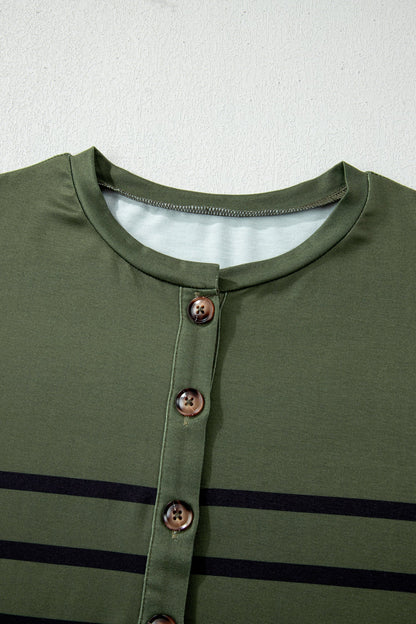Stripe Half Buttoned Crewneck T-Shirt