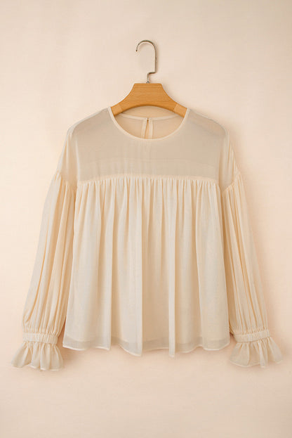 Solid Chiffon Pleated Ruffle Long Sleeve Blouse