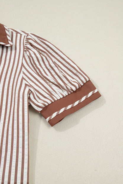 Stripe Collar Split Neck Bubble Sleeve Blouse