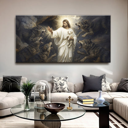 Jesus Protects The Lamb From Wolves Faith Wall Art XIV