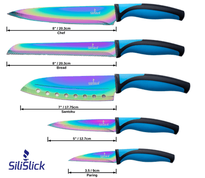 Kitchen Knife Set Kit | Blue Handle, Black Magnetic Rack & Sharpener