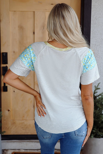 Floral Contrast Stripe Insert Sleeve Round Neck Tee