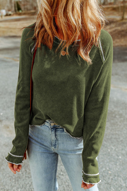 Solid Waffle Knit Round Neck Long Sleeve Top