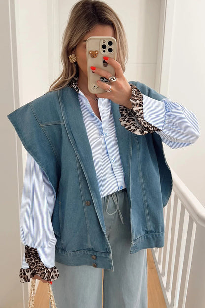 Leopard Patchwork Ruffle Stripe Long Sleeve Shirt