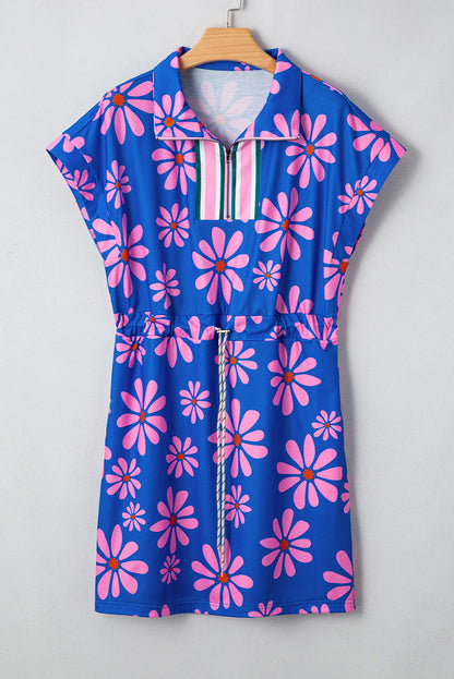 Floral Stripe Quarter-Zip Cap Sleeve Mini Dress