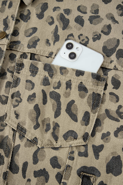 Retro Leopard Seam Button Down Denim Jacket