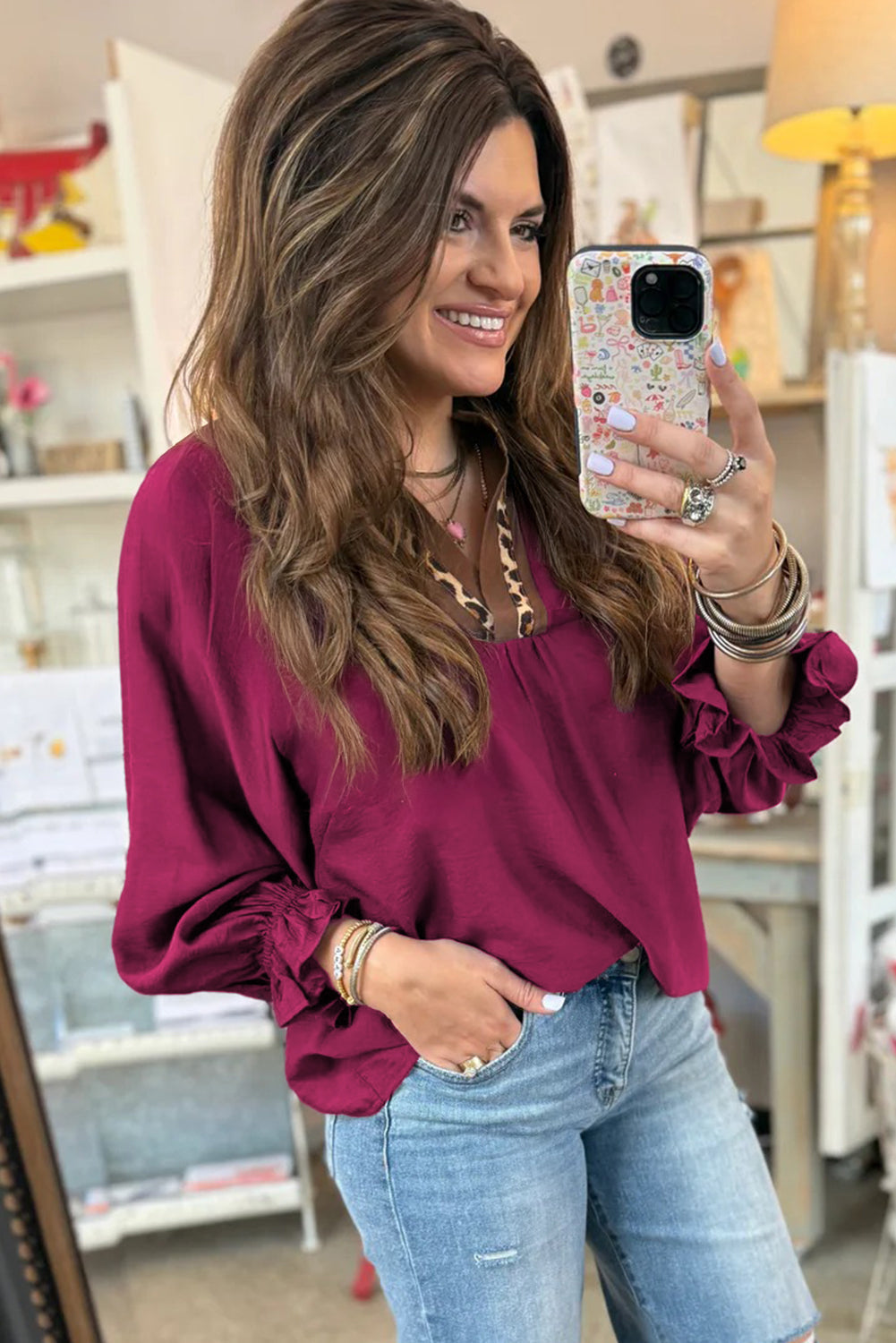 Leopard Trim Flounced  3/4 Sleeve V-Neck Blouse