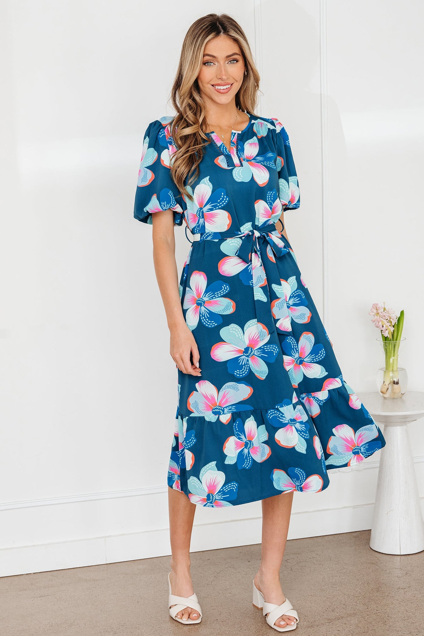 Floral Short Puff Sleeve Ruffle Belted Dress