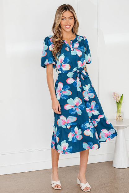 Floral Short Puff Sleeve Ruffle Belted Dress