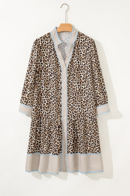 Plus Size Leopard Stripe Trim V-Neck Mini Dress