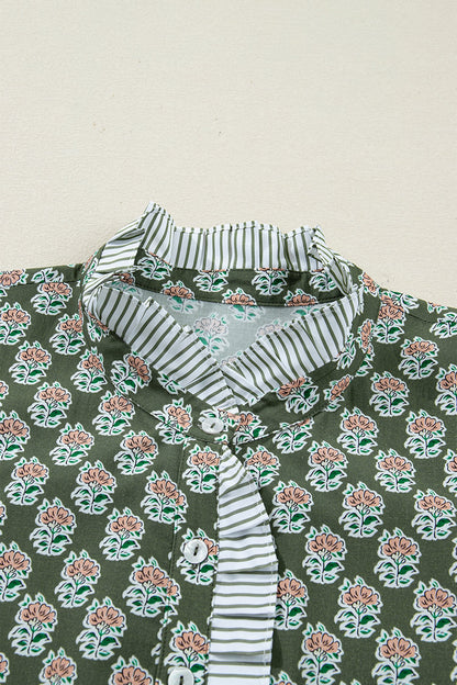 Plus Size 3/4 Sleeve Contrast Striped Floral Dress