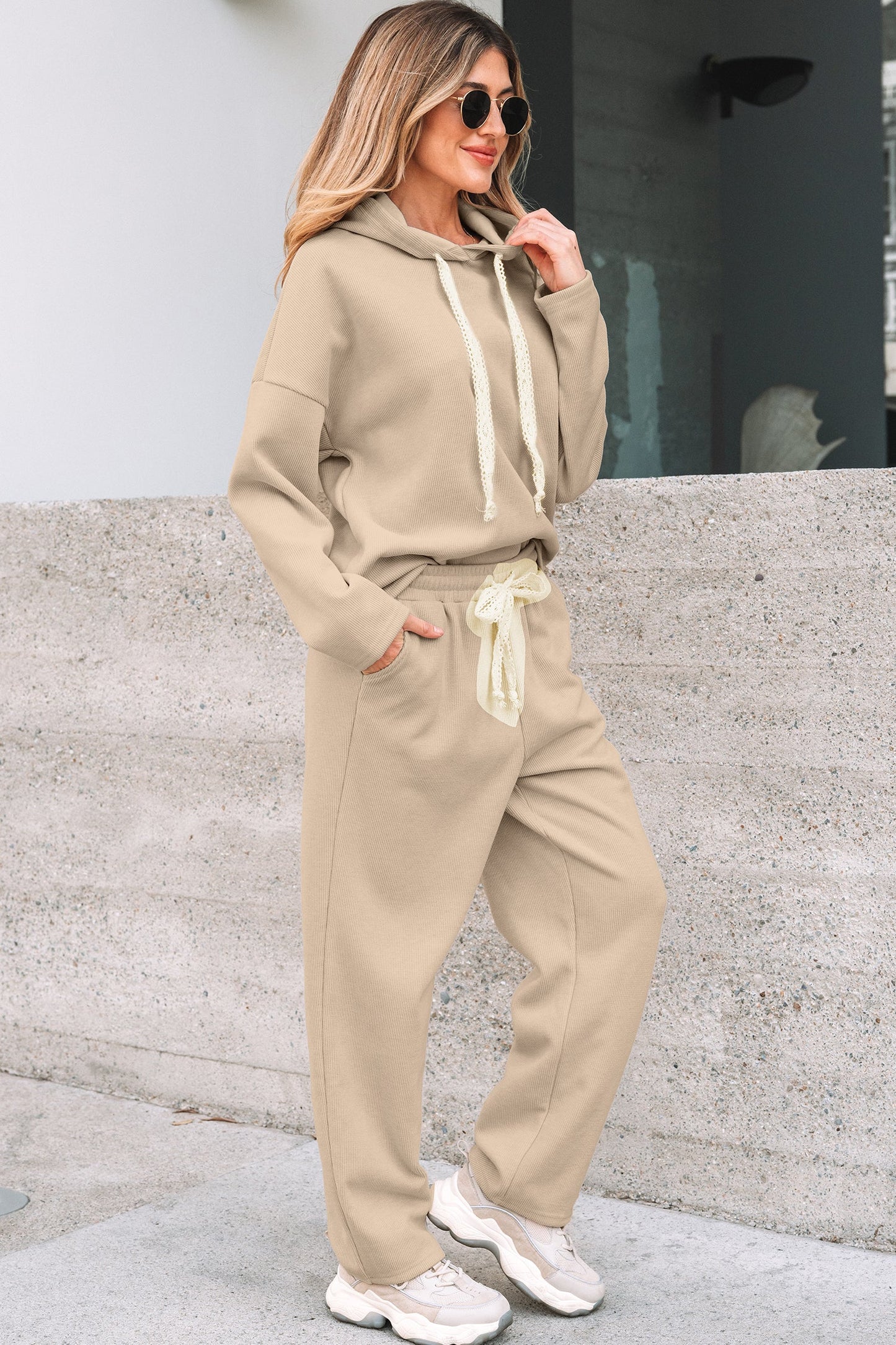 Solid Corduroy Lace Hoodie and Pants Set