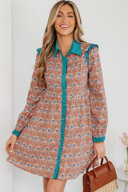 Floral Boho Contrast Collar Shirt Mini Dress
