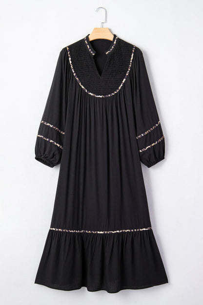 Contrast Trim Split Neck Midi Dress