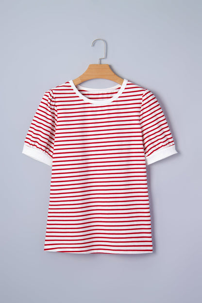Stripe Contrast Trim Round Neck Puff Sleeve T-Shirt