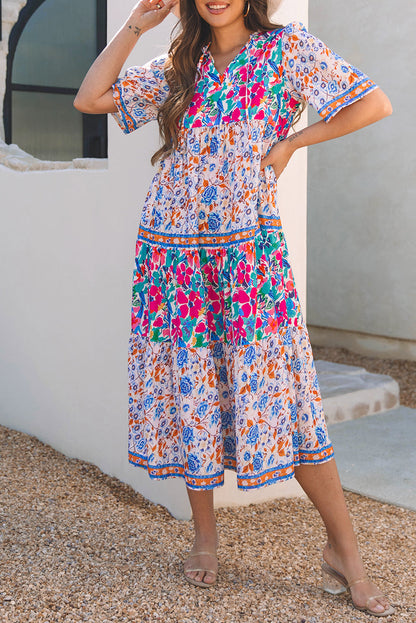 Floral Tie Split Neck Short Sleeve Dress