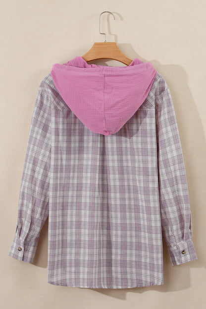 Checker Button-Up Chest Pocket Hooded Shacket