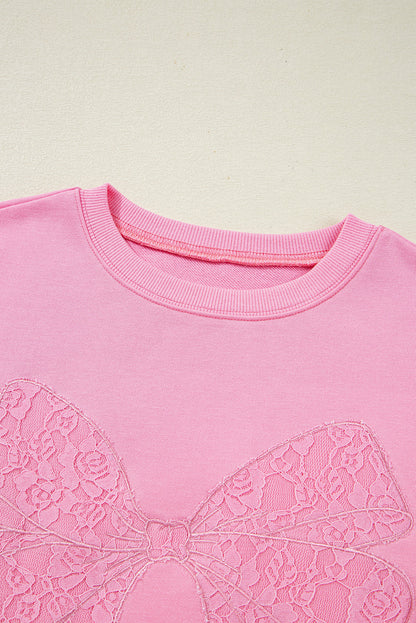 Bow Tie Lace Embroidered Reverse Seam Sweatshirt