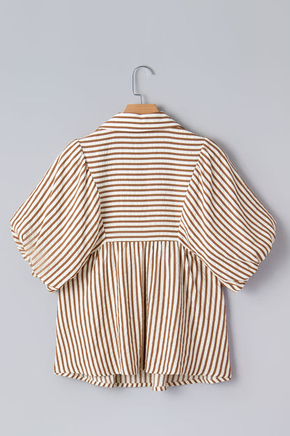 Stripe Shirred V-Neck Short Puff Sleeve Blouse