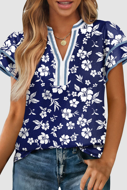 Floral Contrast Trim Split Neck Double Ruffle Blouse