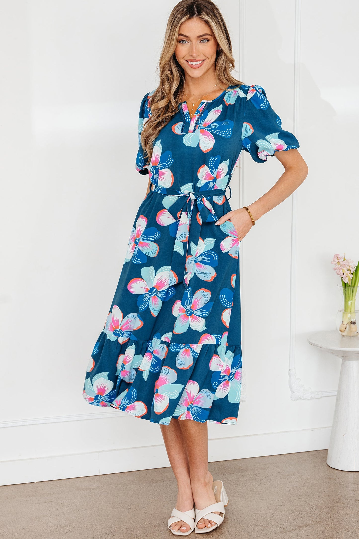 Floral Short Puff Sleeve Ruffle Belted Dress