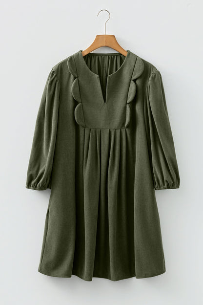Corduroy Pleated Scallop Neck 3/4 Sleeve Mini Dress