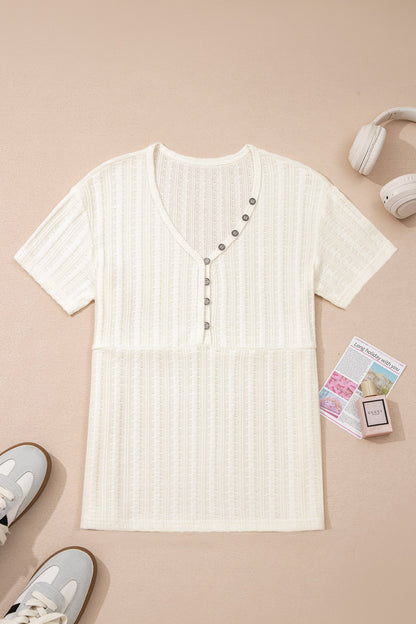 Solid Textured V-Neck Henley Raw-Seam Tee