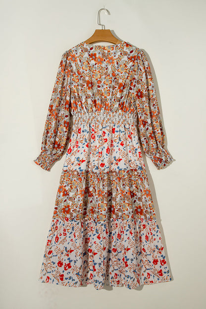 Floral V-Neck Ruffle Long Sleeve Midi Dress