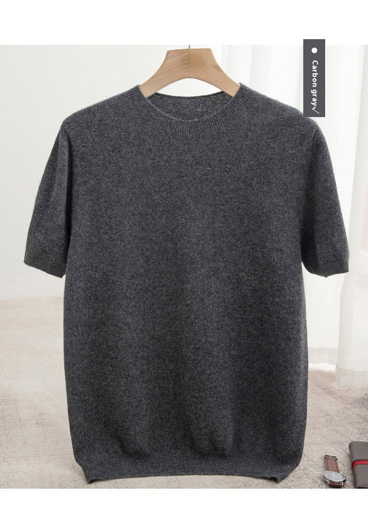 Knitted Short Sleeve Pure Wool Sweater Men's Round Neck
