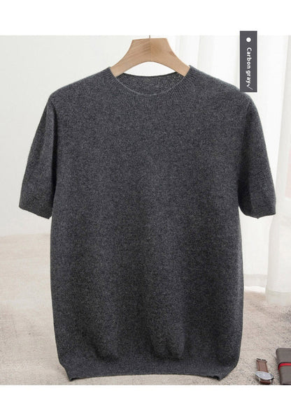 Knitted Short Sleeve Pure Wool Sweater Men's Round Neck