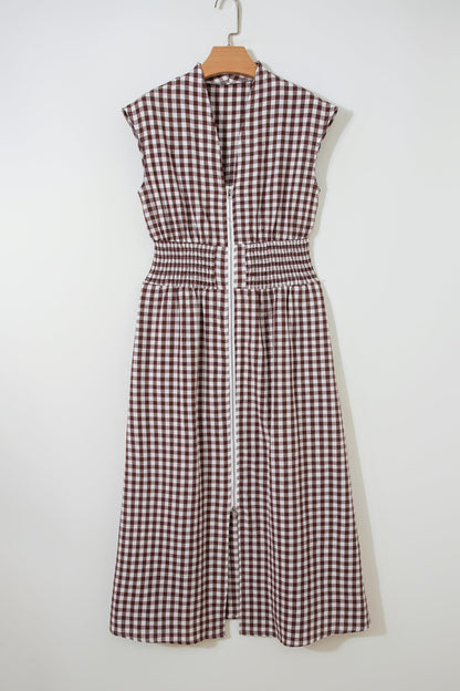 Plaid Zipper Cinched Waist Fit Flare Maxi Dress