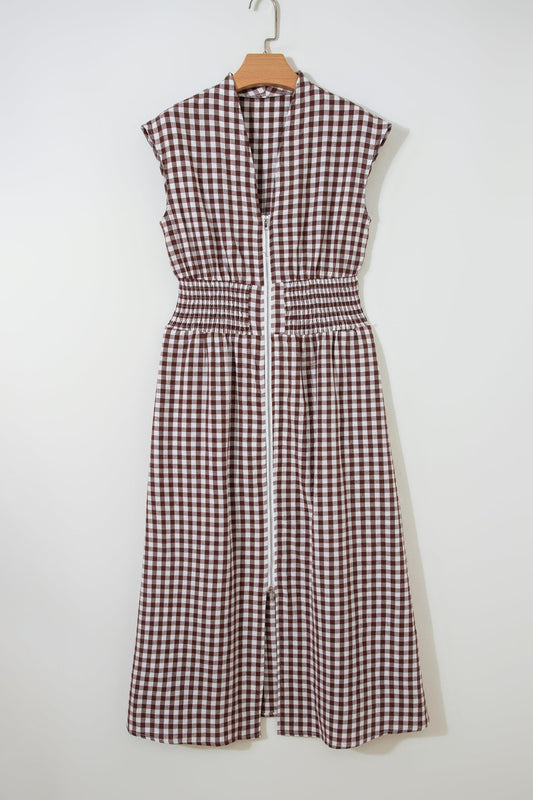 Plaid Zipper Cinched Waist Fit Flare Maxi Dress