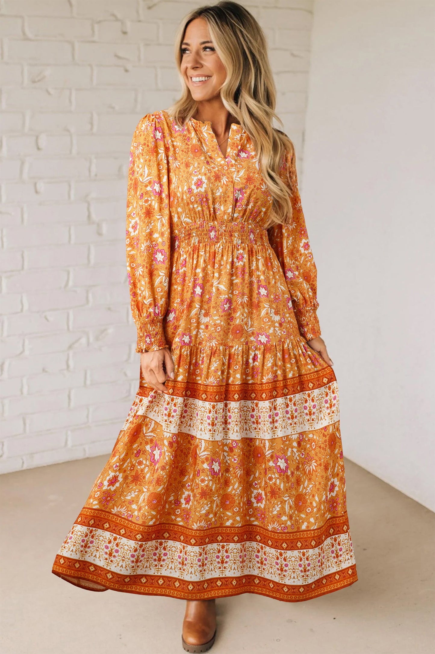 Floral Smocked Waist Long Sleeve Maxi Dress