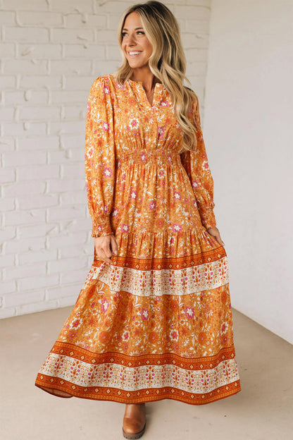 Floral Smocked Waist Long Sleeve Maxi Dress