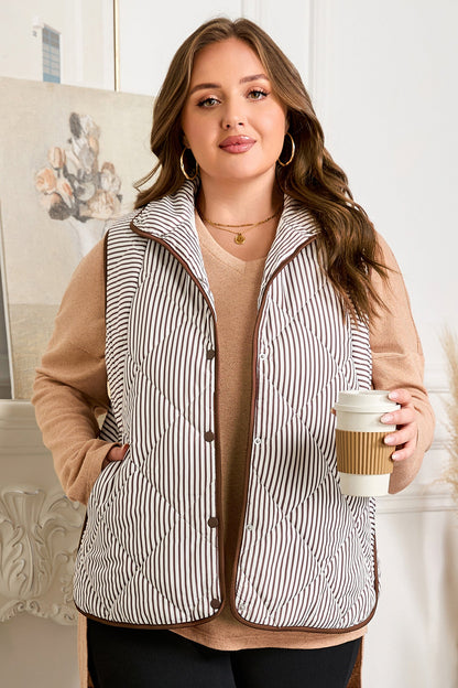 Plus Size Stripe Quilted Snap Button Vest