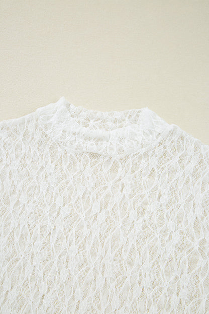 Sheer Lace Bell Sleeve Mock Neck Blouse