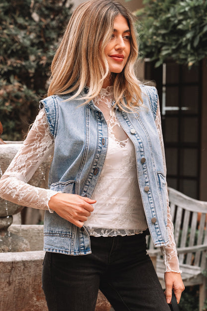 Denim Button-Front Scallop Trim Patch Pocket Vest