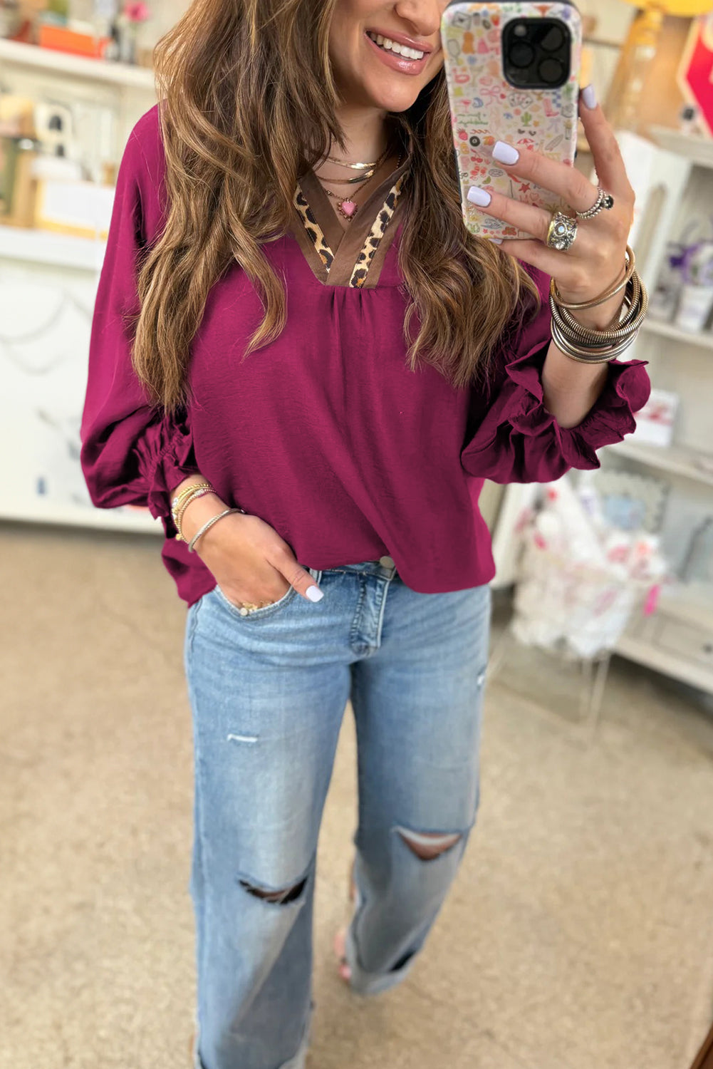 Leopard Trim Flounced  3/4 Sleeve V-Neck Blouse