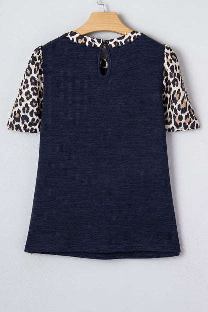 Rib Contrast Leopard Patchwork Short Sleeve Top